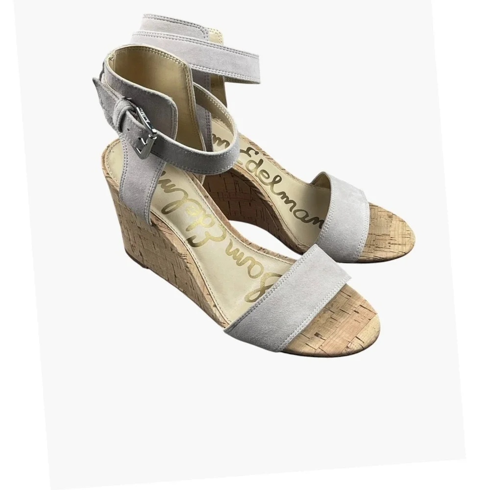 Sam Edelman Women Light Gray Suede Cork Wedge Sandals Size 6.5 Ankle Strap Shoes